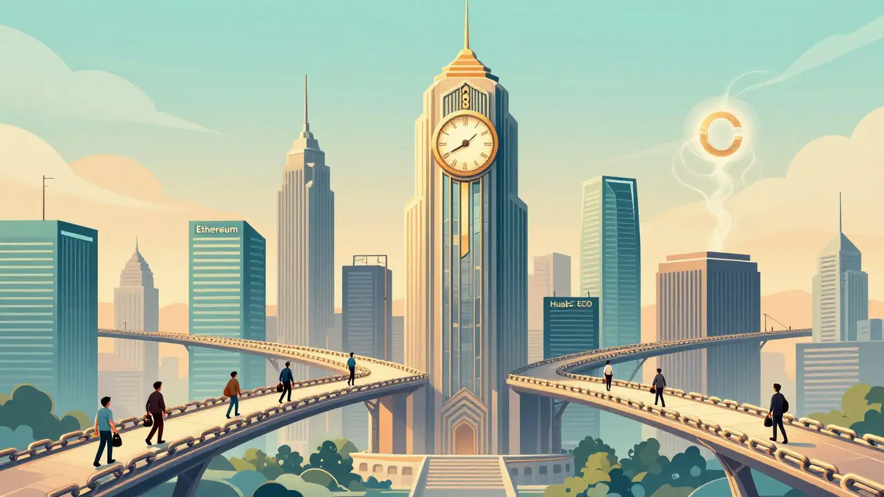 Futuristic city with blockchain bridges connecting towers, users carrying tokens beneath a clock tower O3 logo.