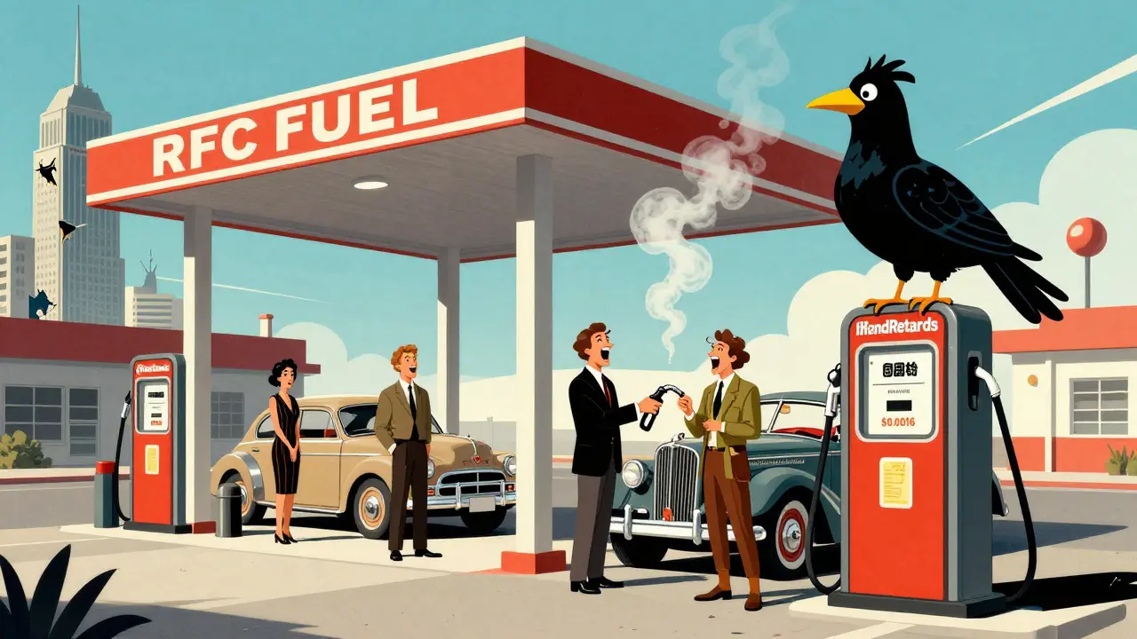 Gas station pumping laughter as fuel, with @IfindRetards bird on pump and meme smoke clouds.