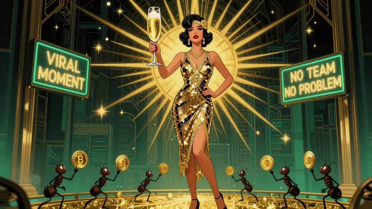 Glamorous flapper holding a Solana blockchain like a champagne glass amid chaotic token traders.
