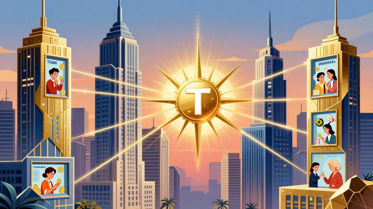 Global cityscape with TON transactions flowing between people in different countries, connected by golden network lines.