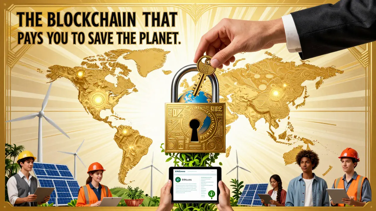 Global map with 5IRE tokens connecting cities, golden Earth lock unlocking sustainability symbols in Art Deco advertising style.