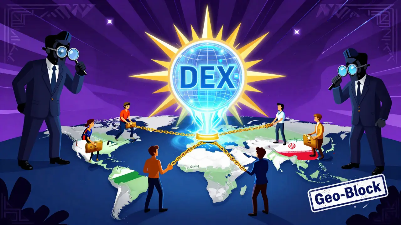 Glowing blockchain network with global users connecting to a sunburst DEX while regulators hover nearby.