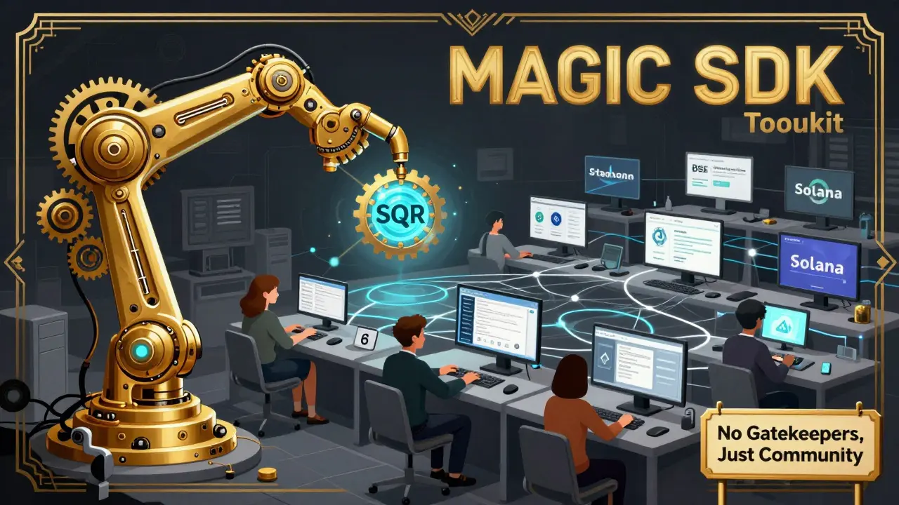 Golden mechanical SDK armature connecting blockchain apps across multiple networks.