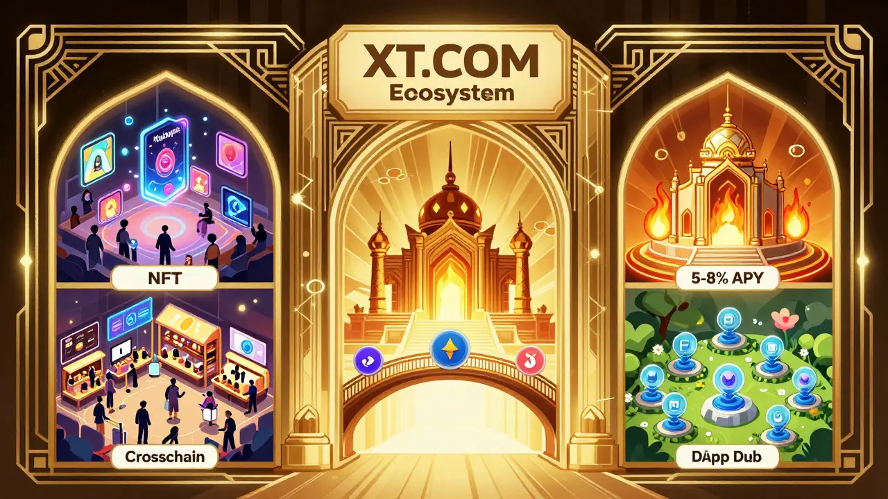 Grand XT.COM ecosystem gateway with NFT marketplace, staking temple, cross-chain bridge, and DApp garden.