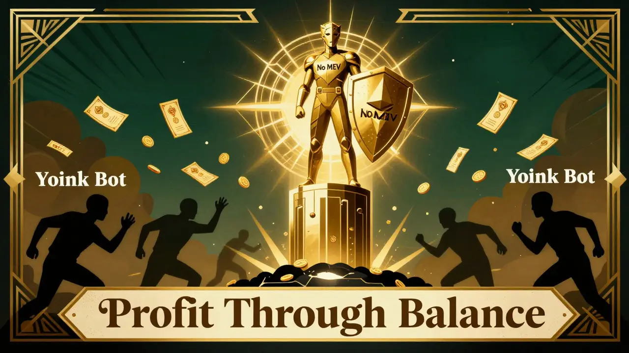 Heroic trader on Radix tower protected from Ethereum chaos, with NFT rewards rising above.
