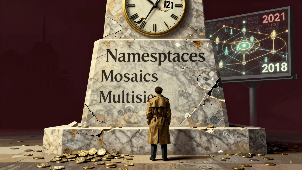 Lonely figure before crumbling NEM monument with fallen coins and broken clock.