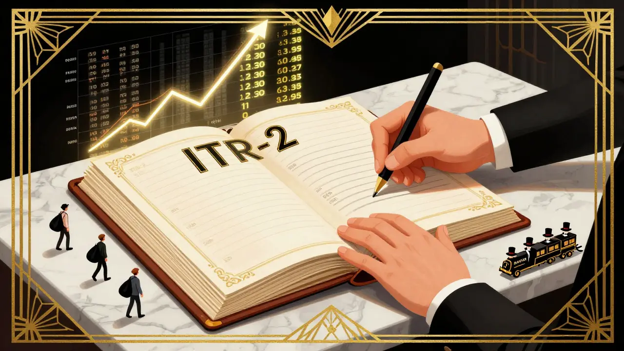 Ornate tax ledger with digital graphs, retail traders leaving as institutions board a luxury train.