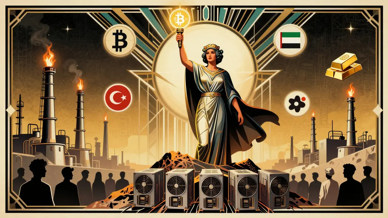 Resilience figure holding Bitcoin torch atop miners, surrounded by global crypto icons and power plants.