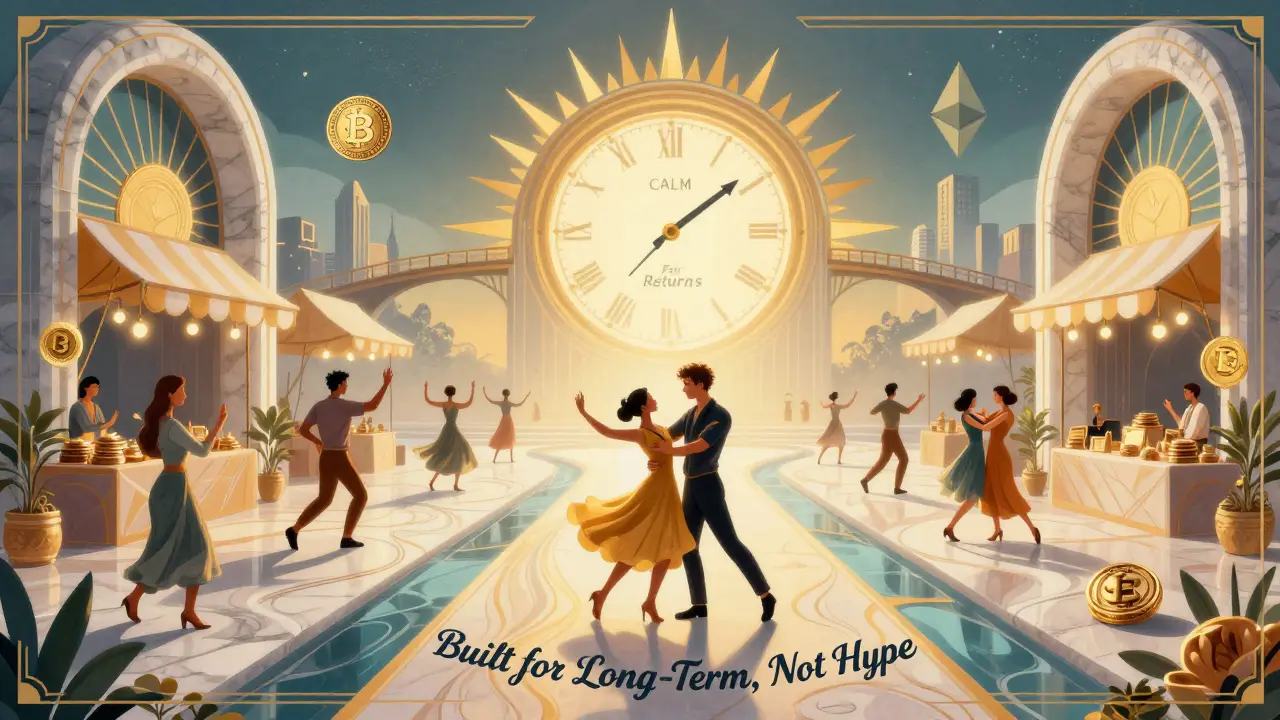 Serene marketplace with flowing token paths and a CALM clock, bridging old and new blockchain eras.