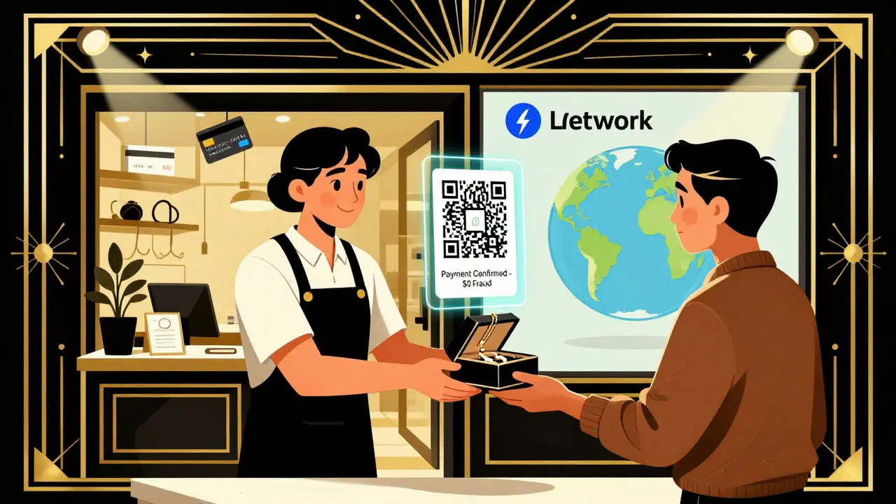 Small business owner handing jewelry to a customer with a confirmed Bitcoin payment hologram.