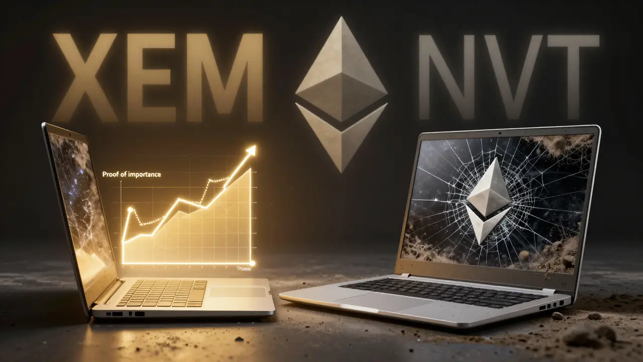 Split image: active NEM harvesting on left, abandoned laptop on right.