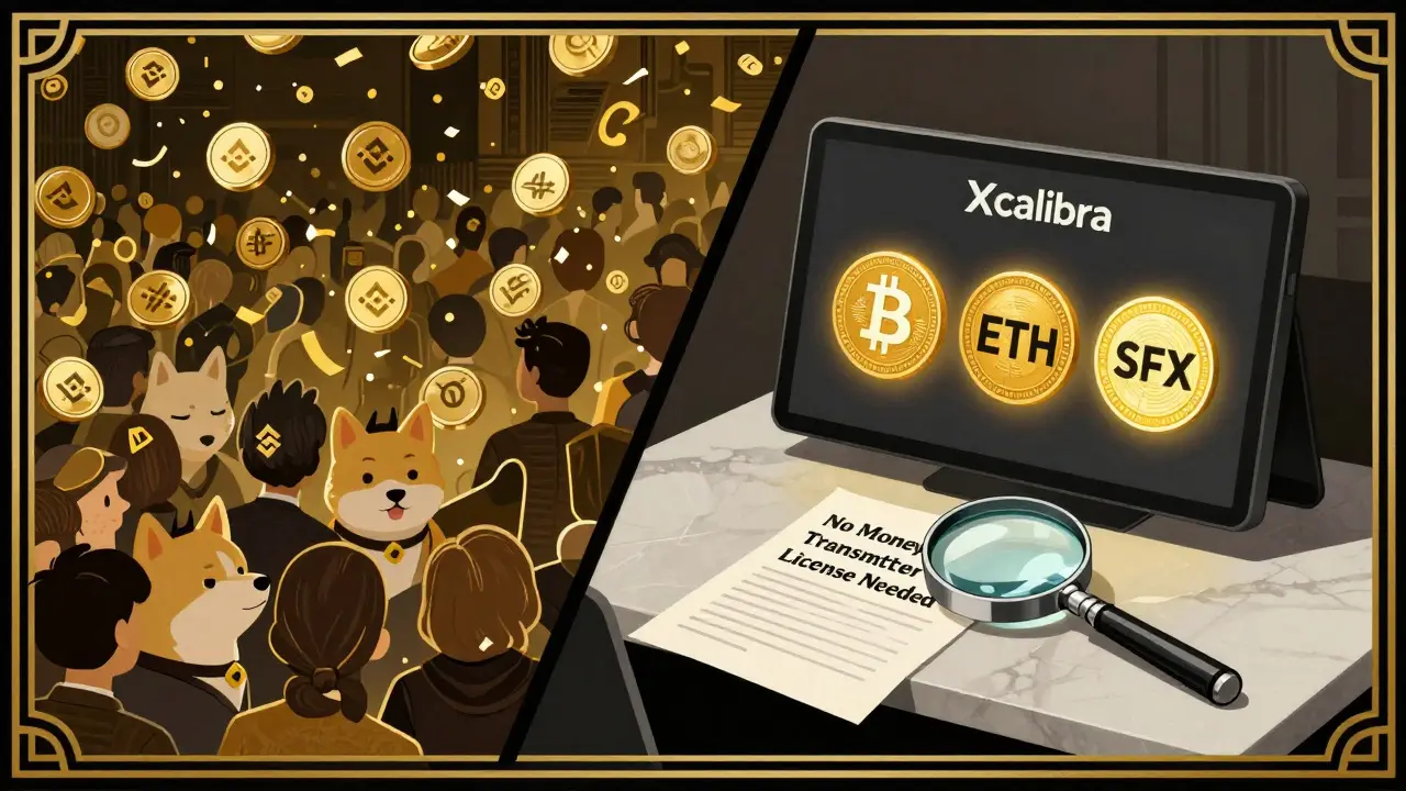Split scene: chaotic crypto exchange vs. minimalist Xcalibra terminal with only three coins.