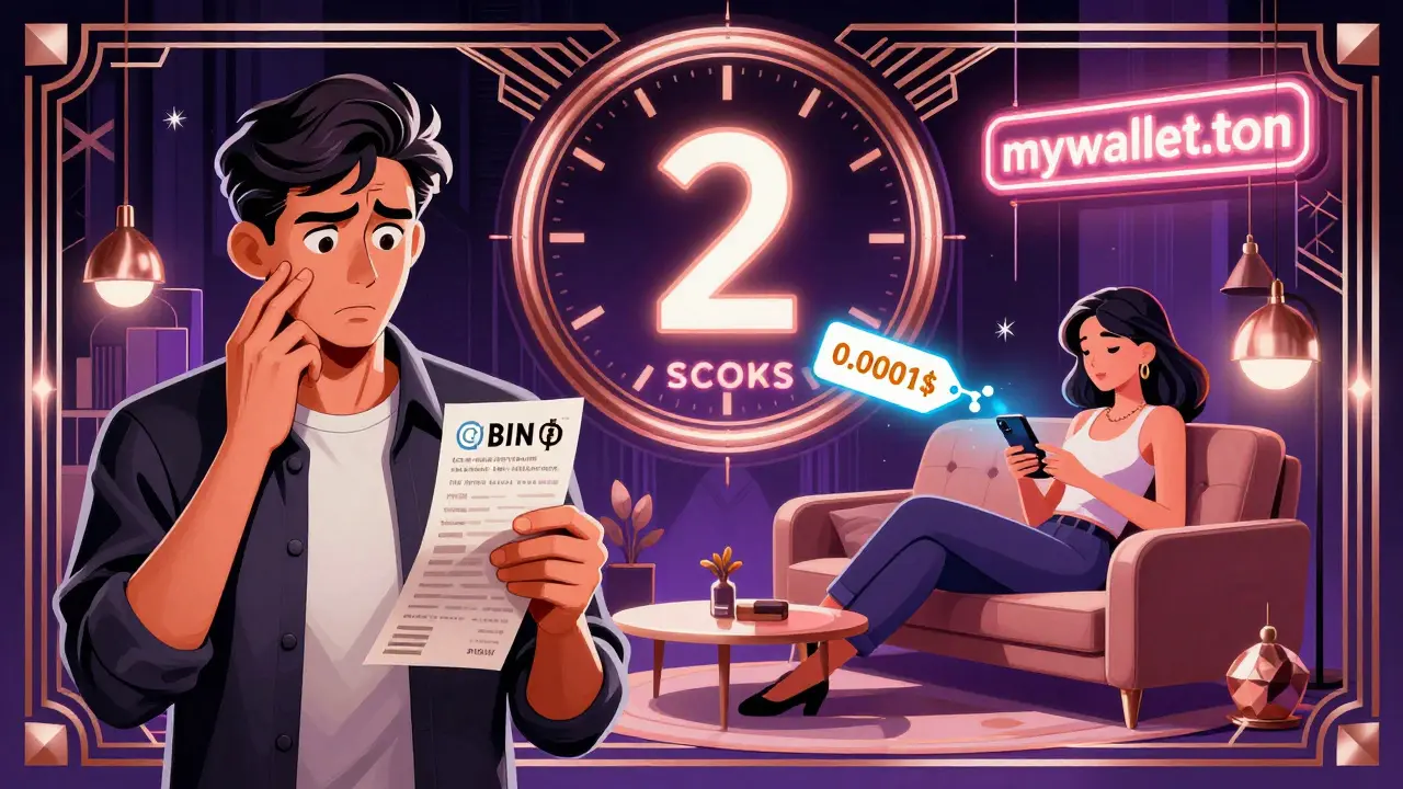 Split scene comparing complex Bitcoin payments with simple TON transfers via Telegram, showing low fees and speed.