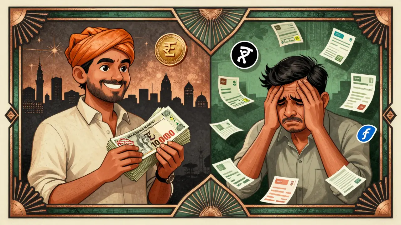 Split scene: one trader receiving a refund, another overwhelmed by crypto transaction chaos.