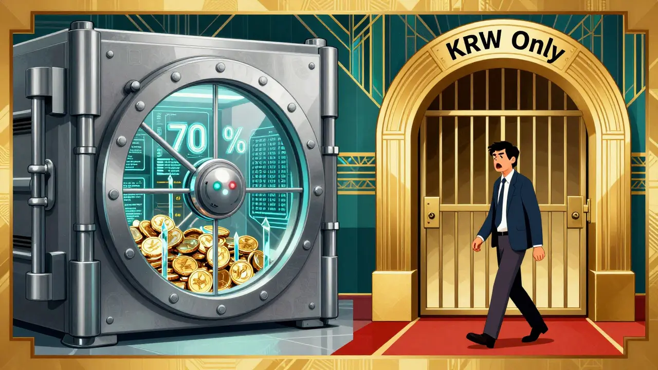 Split scene: secure cold storage vault on left, international trader barred on right, rendered in Art Deco gold and crimson tones.