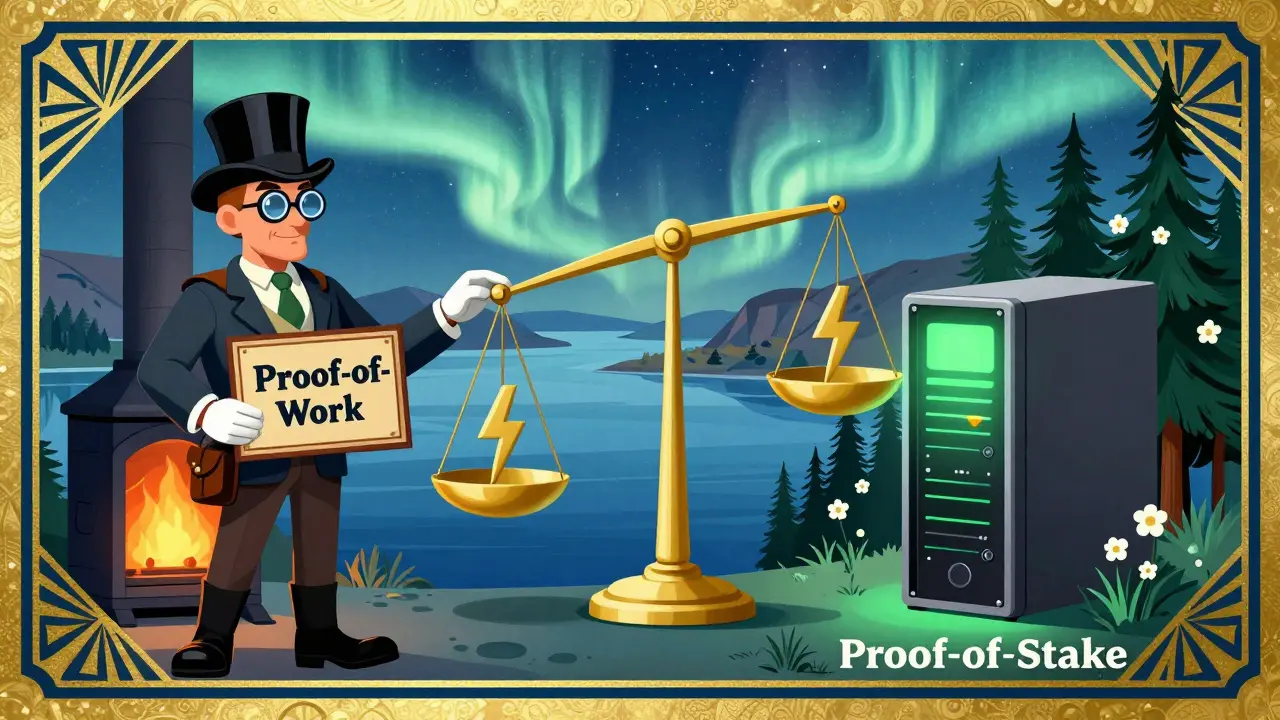 Split-screen Art Deco ad contrasting energy-intensive Bitcoin mining with a sleek, eco-friendly proof-of-stake system.