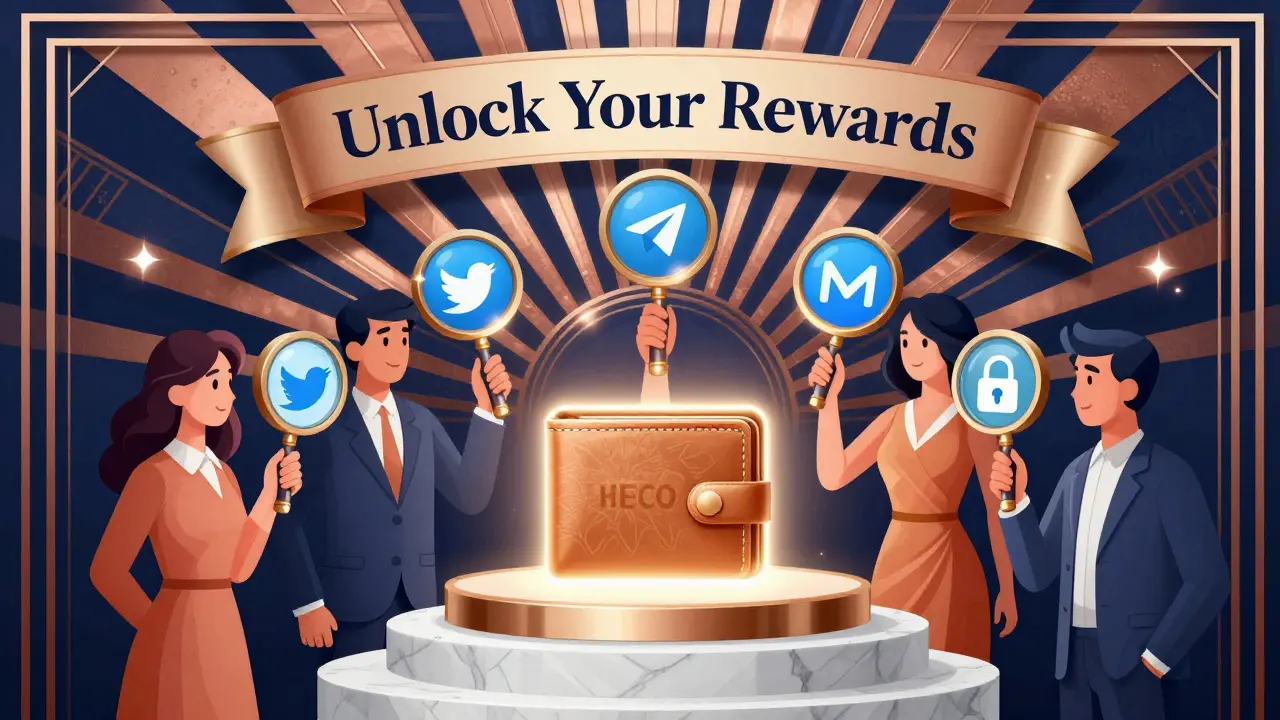 Stylized podium with a glowing HECO wallet and figures examining social media icons under sunburst lighting.