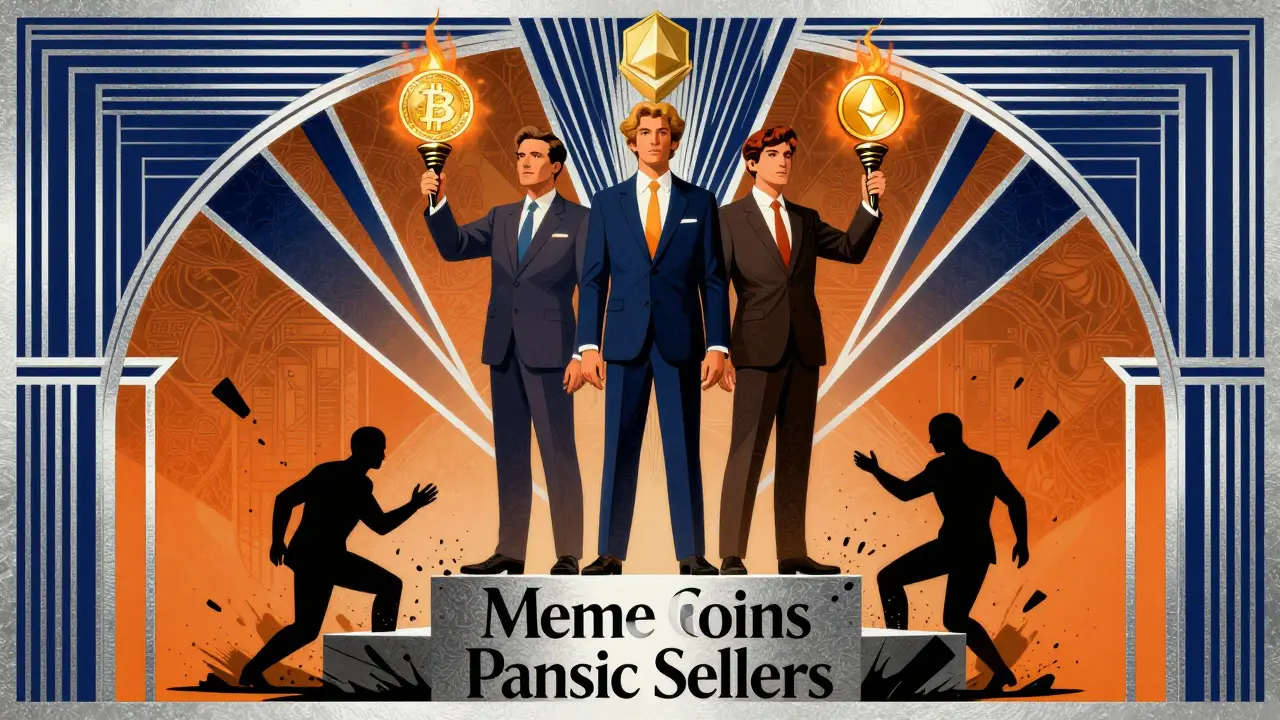 Three investors hold blockchain torches as failed coins crumble below, framed in Art Deco elegance.