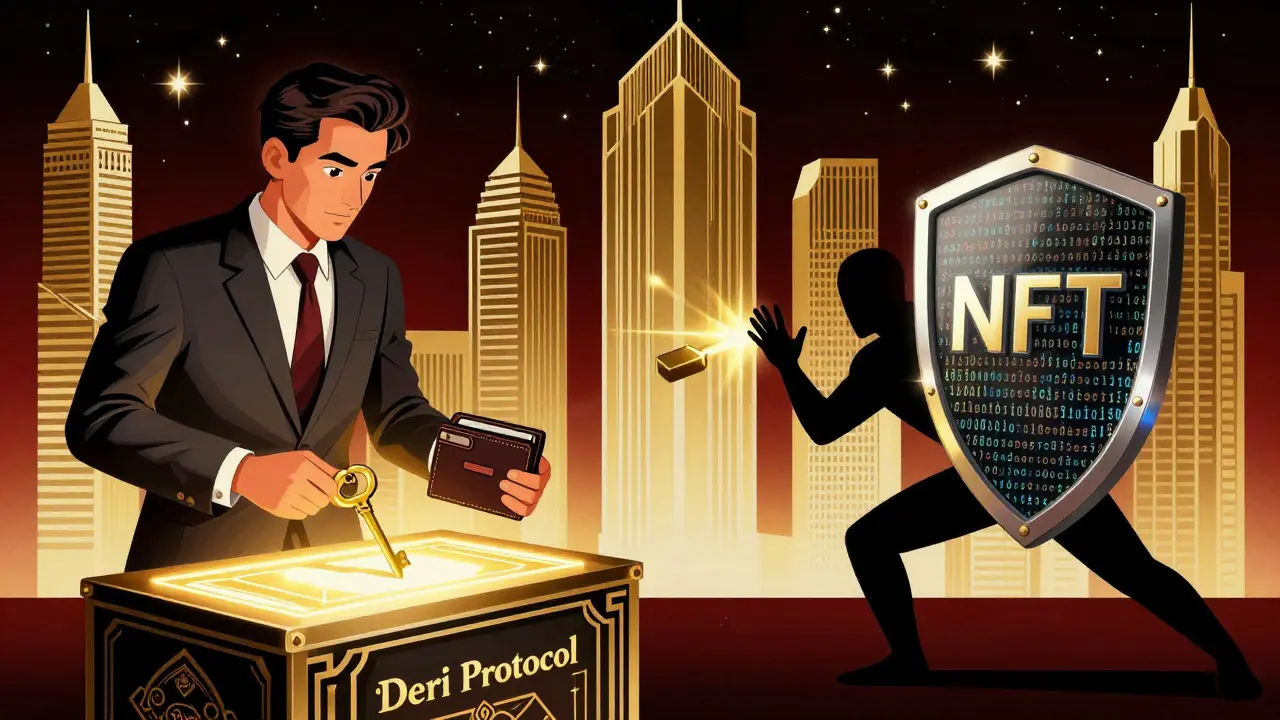 Trader connecting wallet to Deri Protocol console while a shadowy thief is blocked by blockchain shields.