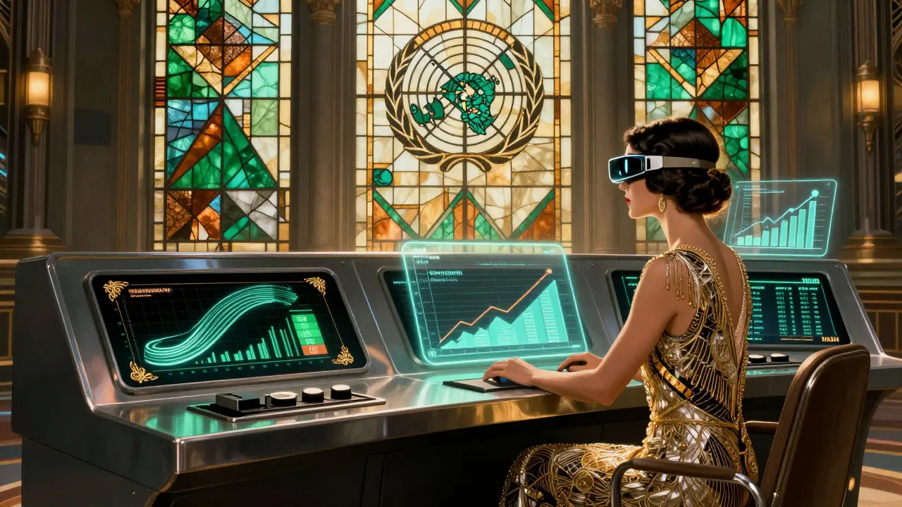 Vintage control room with woman monitoring dual-chain blockchain and holographic sustainability metrics in Art Deco style.