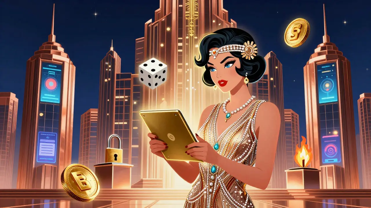 Woman staking SQR tokens with icons for predictions, governance, and burns around her.