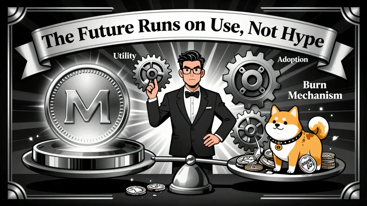 A balance scale weighing a utility token against speculative crypto coins, with an engineer adjusting gears labeled for adoption and token burn.