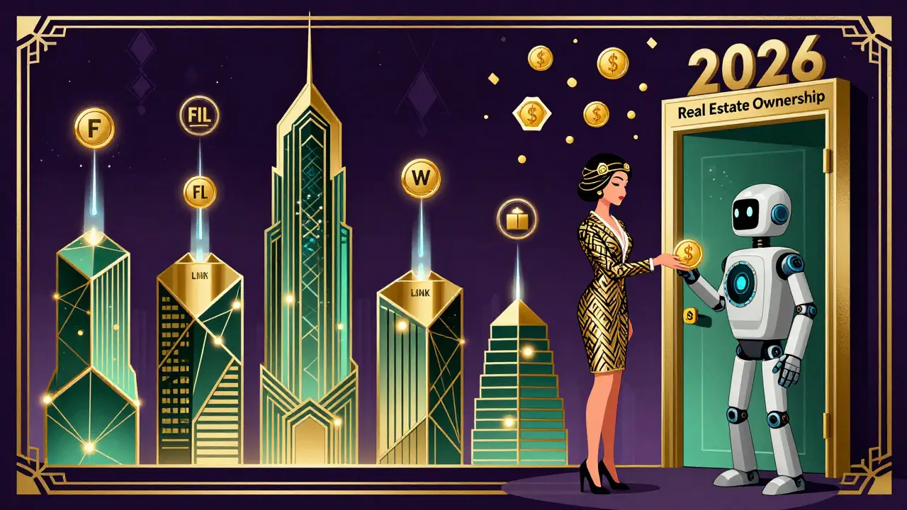 A futuristic 2026 city with blockchain-shaped buildings emitting tokens as fuel, a woman giving a token to a robot to access real estate ownership.