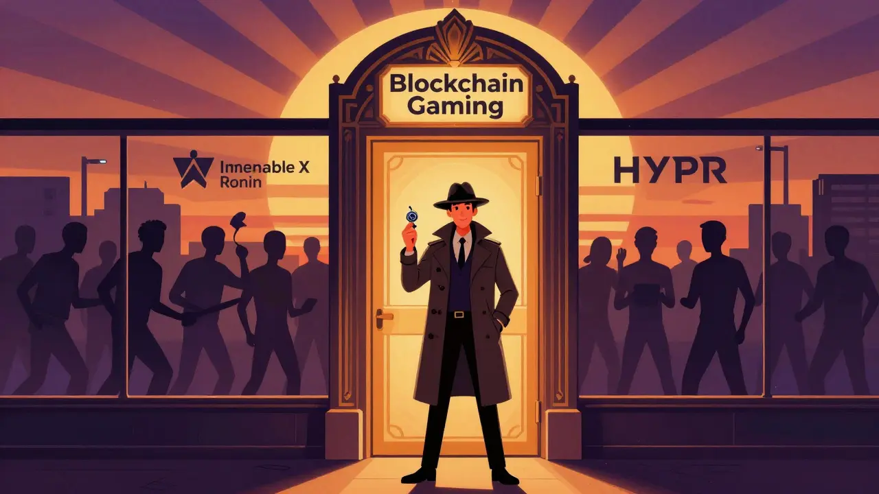 A lone developer holding a HYPR token before a closed door labeled 'Blockchain Gaming,' while competitors thrive behind glass.