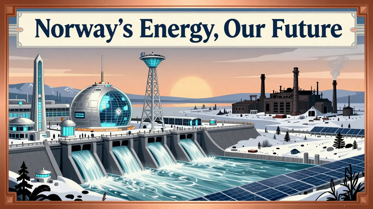 A Nordic city thrives with AI and quantum labs powered by renewable energy, while silent crypto mines fade in the distance.