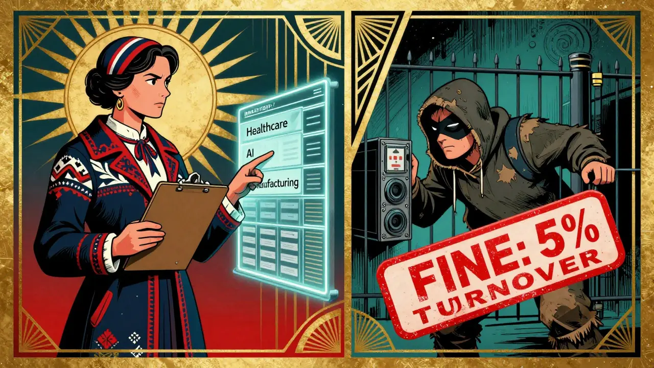 A Norwegian official enforces data center registration while a miner tries to sneak in, marked by a large fine stamp.