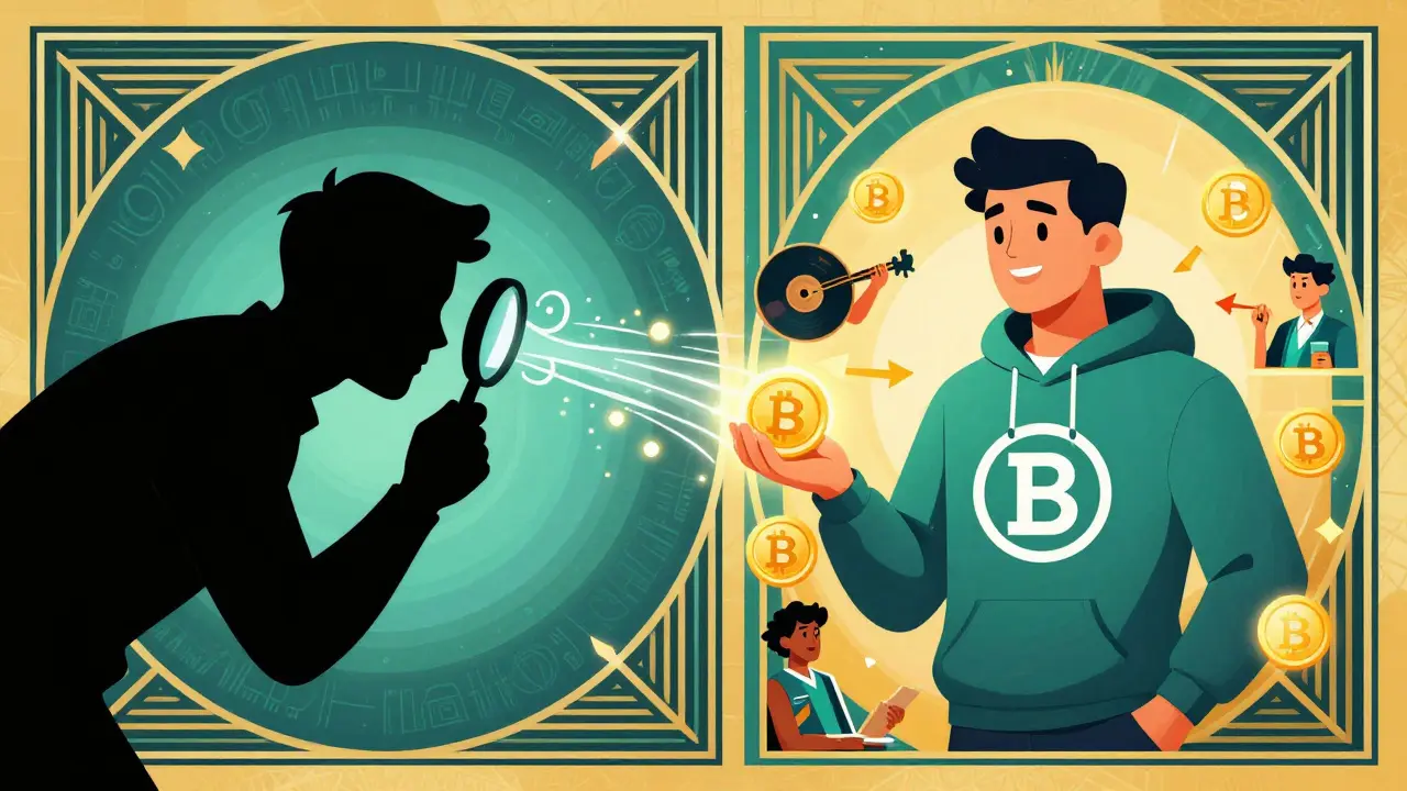 A split scene: shadowy data spying vs. a user receiving BAT tokens from the Brave browser, with tipped creators glowing in the background.