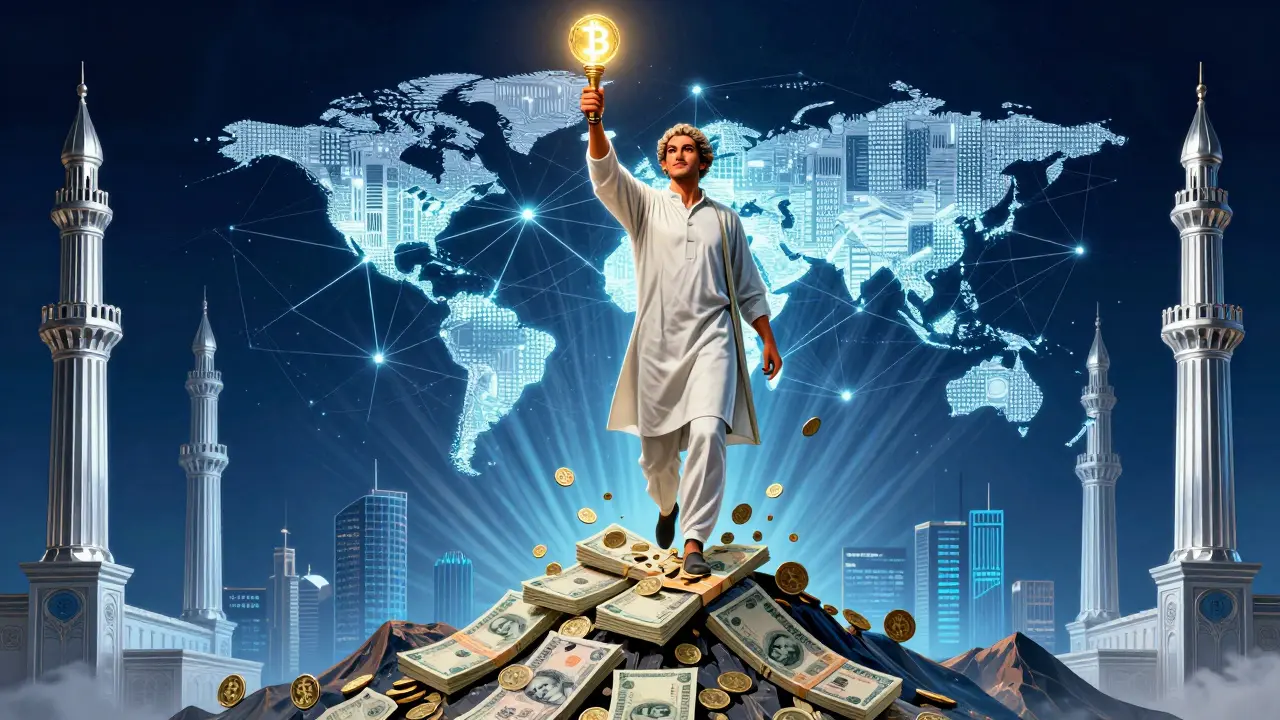 A trader holds a USDT token like a torch, transforming rupees into crypto while a global blockchain glows behind them.