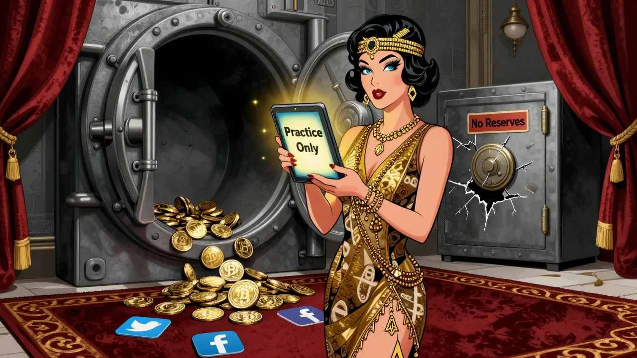 A woman holding a demo tablet as a dark vault labeled 'No Reserves' empties behind her, coins spilling onto dead social media icons.
