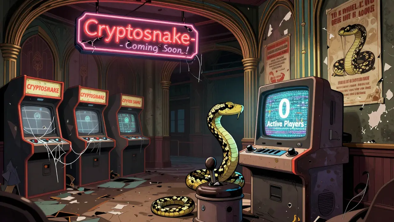 Abandoned arcade with broken signs, lone snake NFT on joystick, flickering '0 Active Players' monitor.