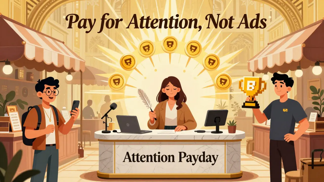 An Art Deco marketplace where users exchange BAT tokens, with creators receiving digital tips under a sunburst canopy.