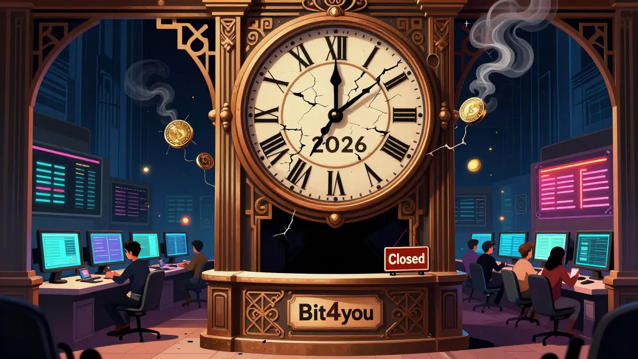 An ornate clock cracking toward 2026 above a closed exchange counter, with thriving competitors nearby.