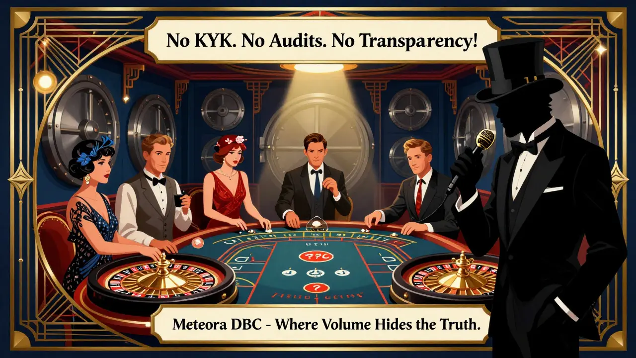 Art Deco casino scene with gamblers at crypto roulette wheels, shadowy figure whispering 'No Transparency' above empty vaults.