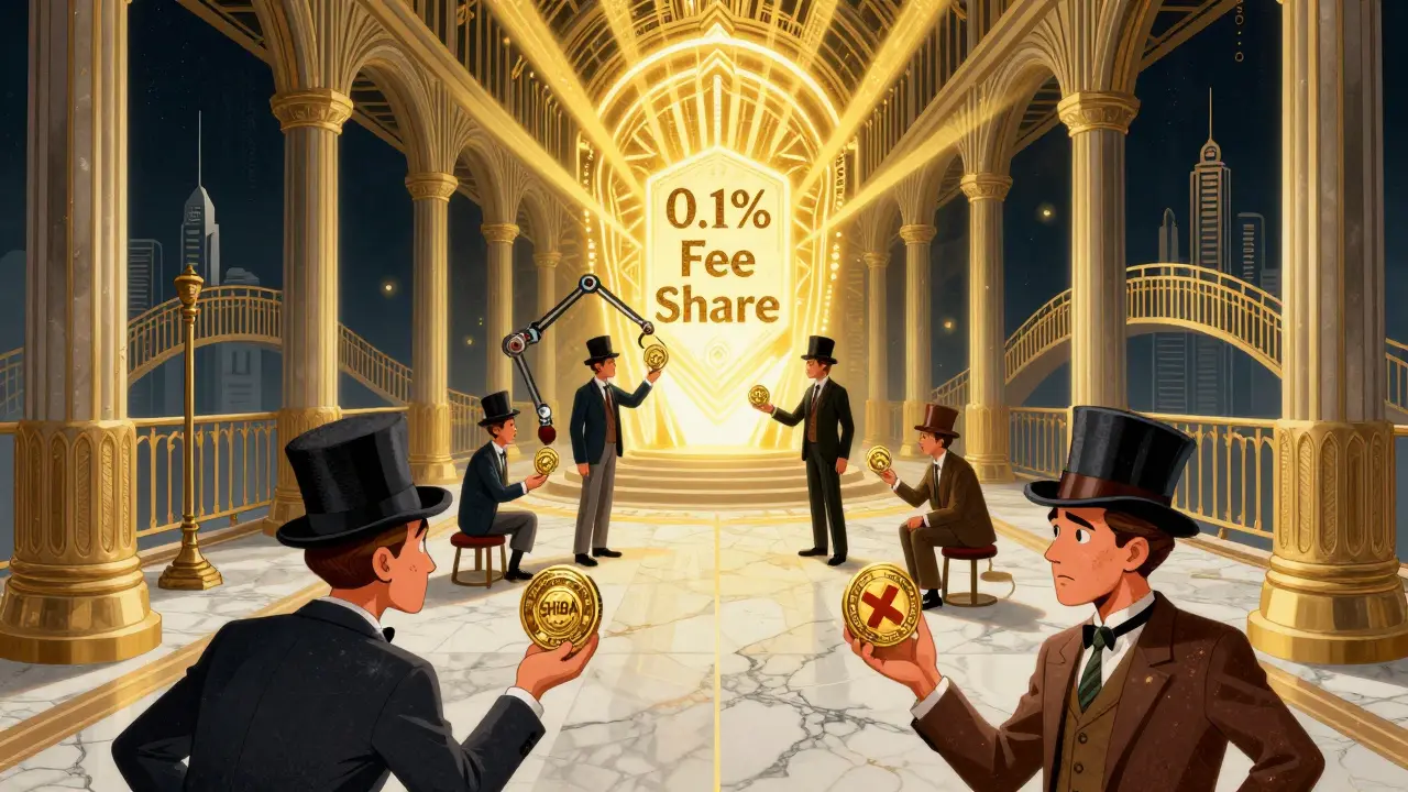 Art Deco trading floor with miniature traders exchanging HRC-20 tokens near a golden ViperPit