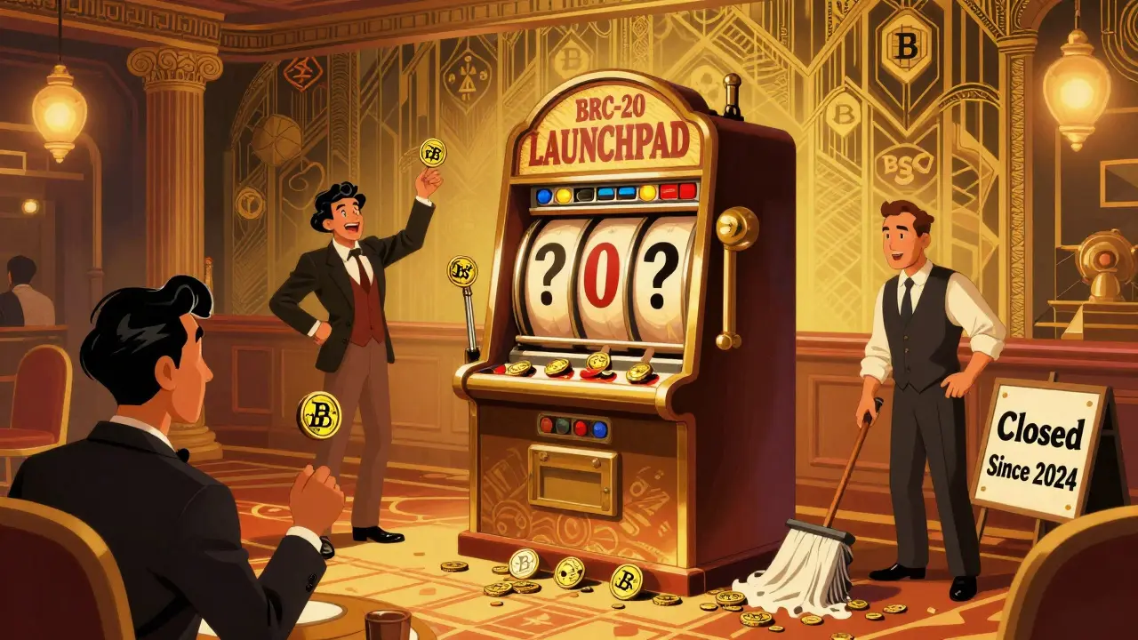 Broken slot machine labeled 'BRC-20 Launchpad' in a 1920s casino, janitor mopping spilled tokens.