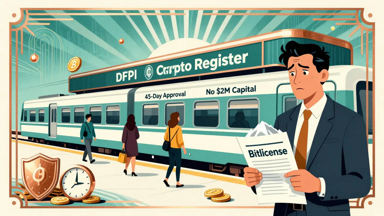 California's streamlined crypto registration station depicted in Art Deco style, with travelers moving efficiently past New York's paperwork mountain.