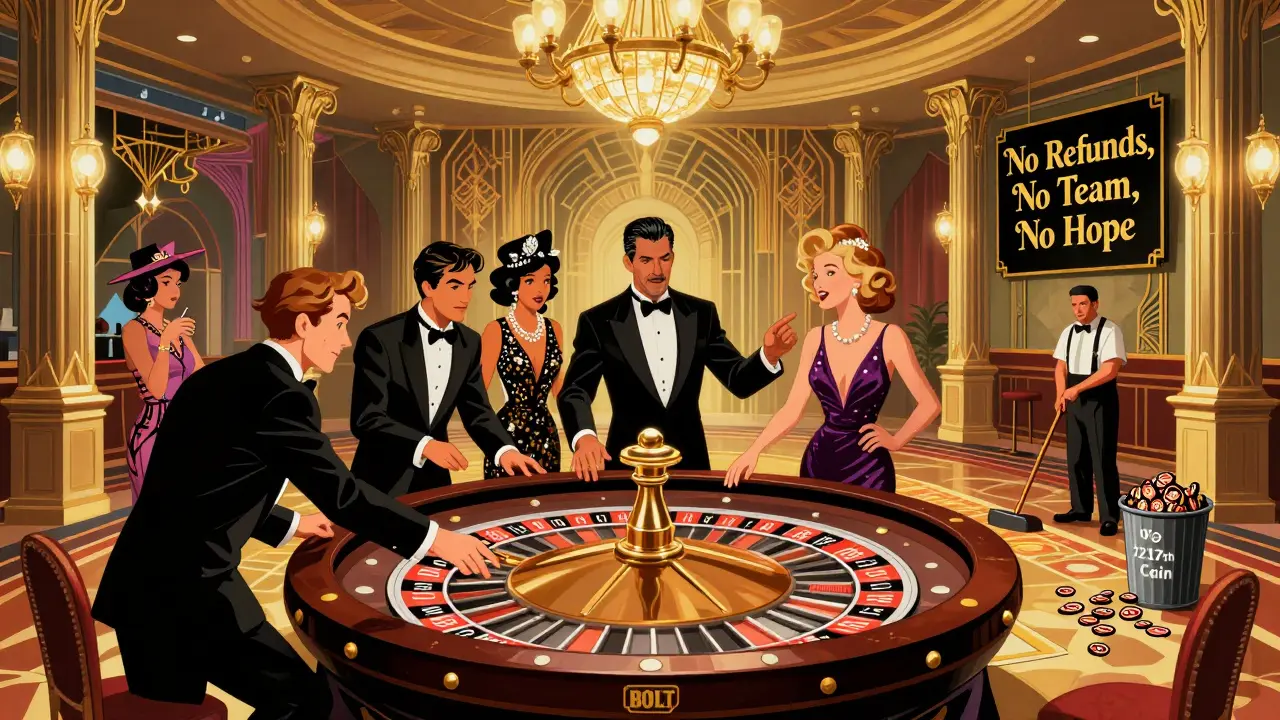 Casino roulette wheel with BOLT outcomes, gamblers betting on a doomed token