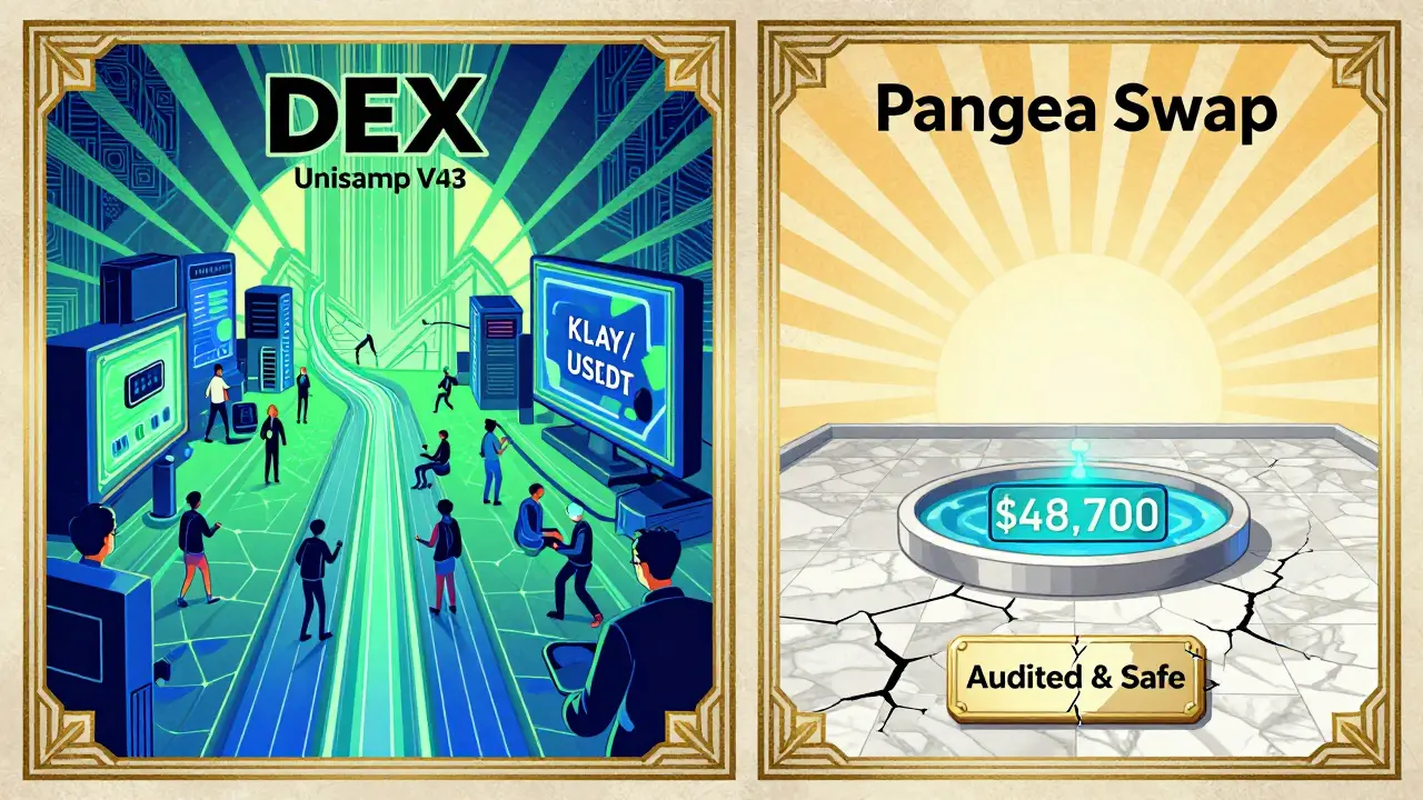 Contrasting vibrant Uniswap V3 hub with silent, empty Pangea Swap exchange in Art Deco style.