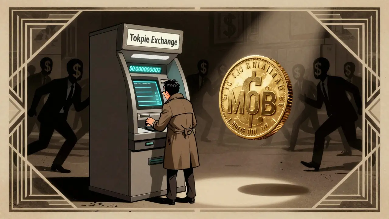 Desperate investor at a tiny ATM trying to withdraw a massive MOB coin, shadowy figures fleeing