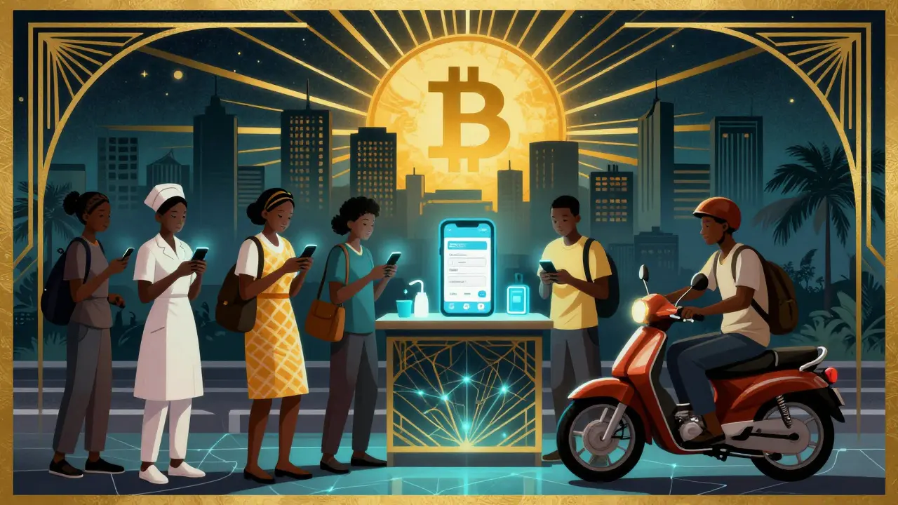 Diverse Nigerians use crypto via glowing phones at a night kiosk, with a golden Bitcoin sun rising above them.