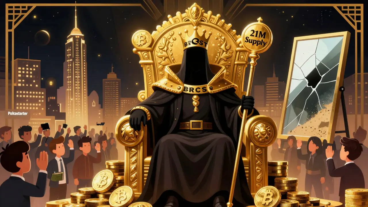 Faceless king on throne of crypto tokens, investors holding empty wallets, rival platforms glowing in distance.