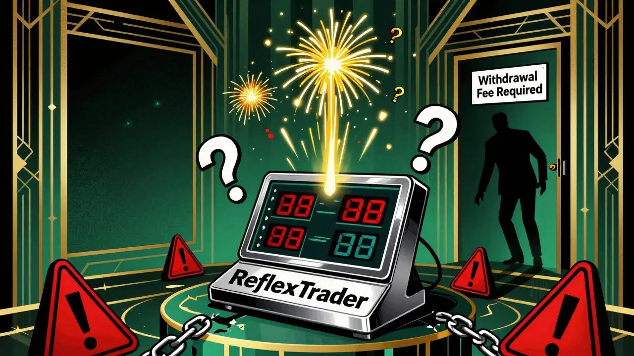 Fake trading terminal with rising balances and warning signs, surrounded by shadowy figures in Art Deco style.