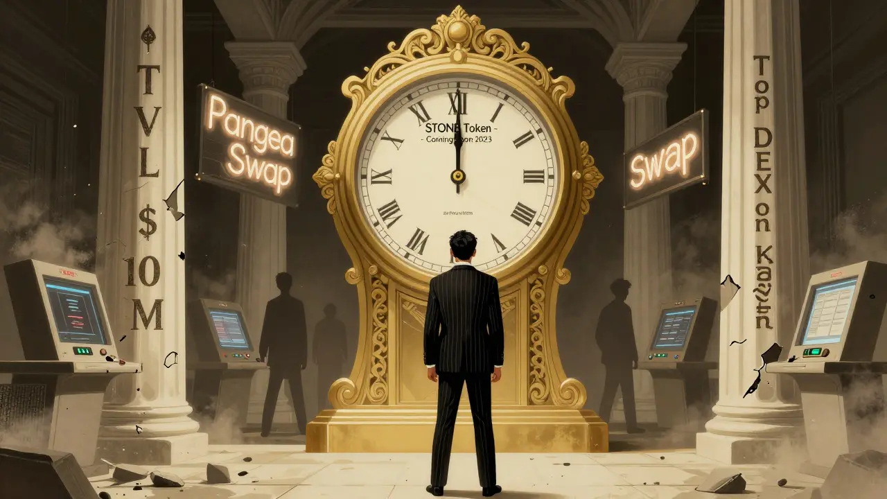 Frozen clock labeled 'STONE Token Coming Soon 2023' surrounded by crumbling DeFi trophies.