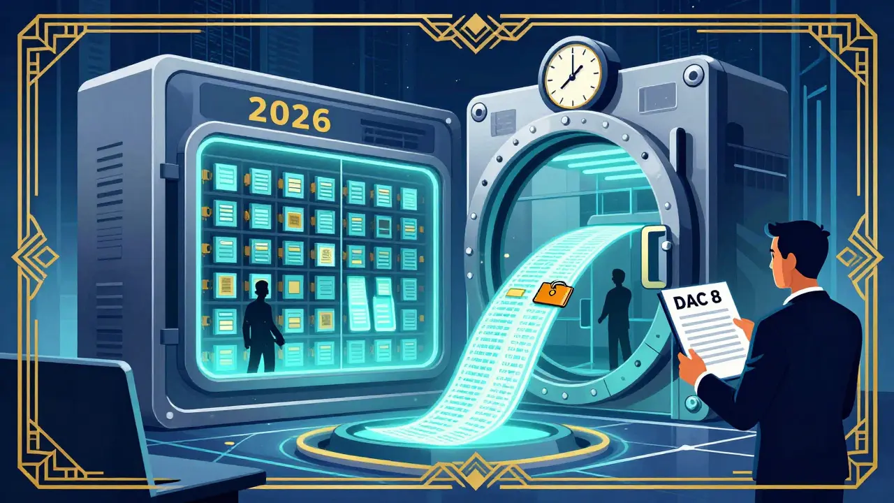 Futuristic tax office with glowing crypto transactions flowing into a mechanical ledger under DAC 8 deadline