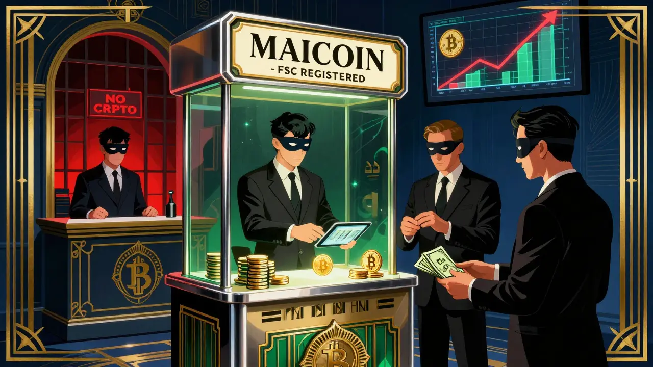 Glamorous crypto exchange kiosk with cash traders, behind a barred bank window labeled 'NO CRYPTO'.