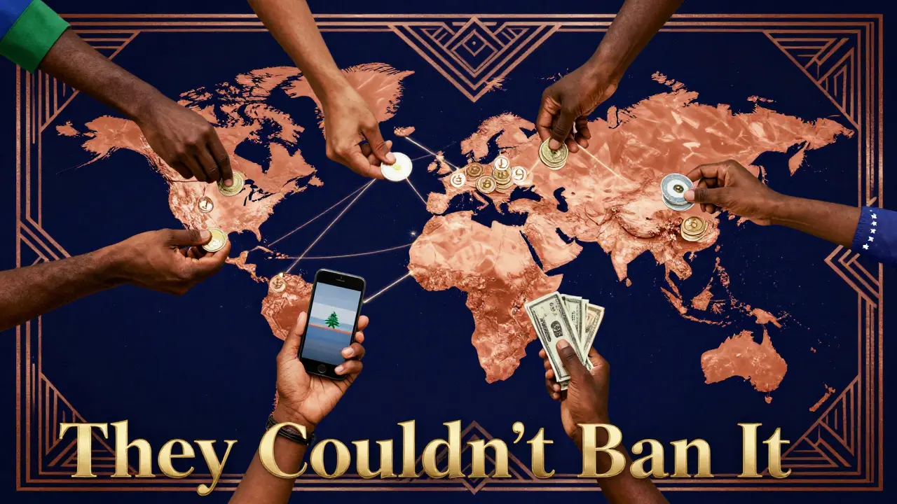 Hands from multiple countries pass digital coins through a glowing Art Deco network, symbolizing global crypto resilience.